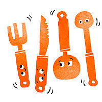 gabel, Messer und zwei Löffel als Comic in Orange